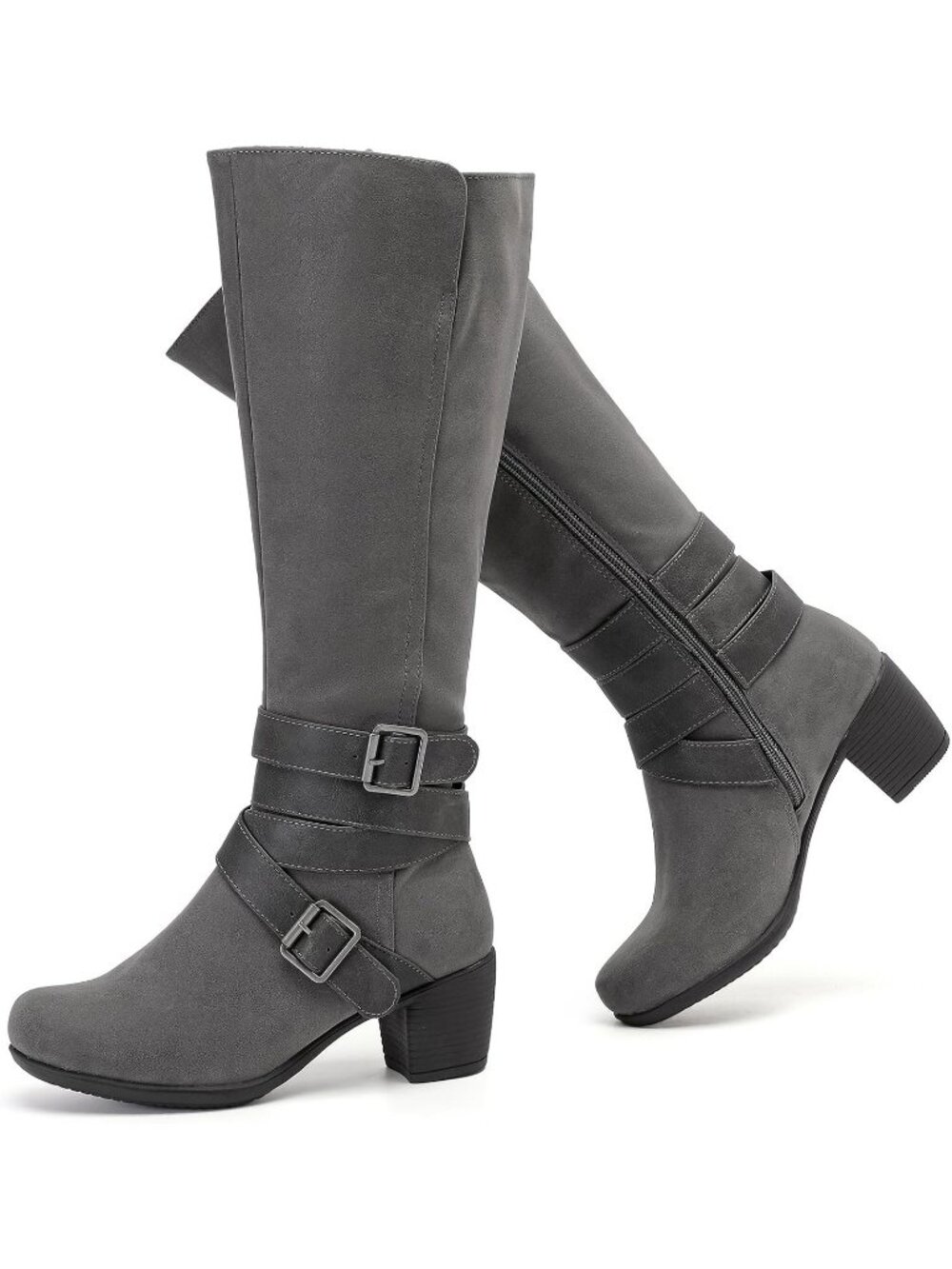 Women's Grey Chunky Heel Casual Side Zipper Round Toe Comfort Knee High Boots